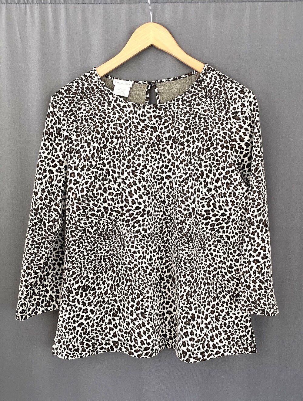 Van Heusen Stretch Knit Top Sz L Brown Neutral Leopard Cheetah Y2K Office Casual - Picture 1 of 14